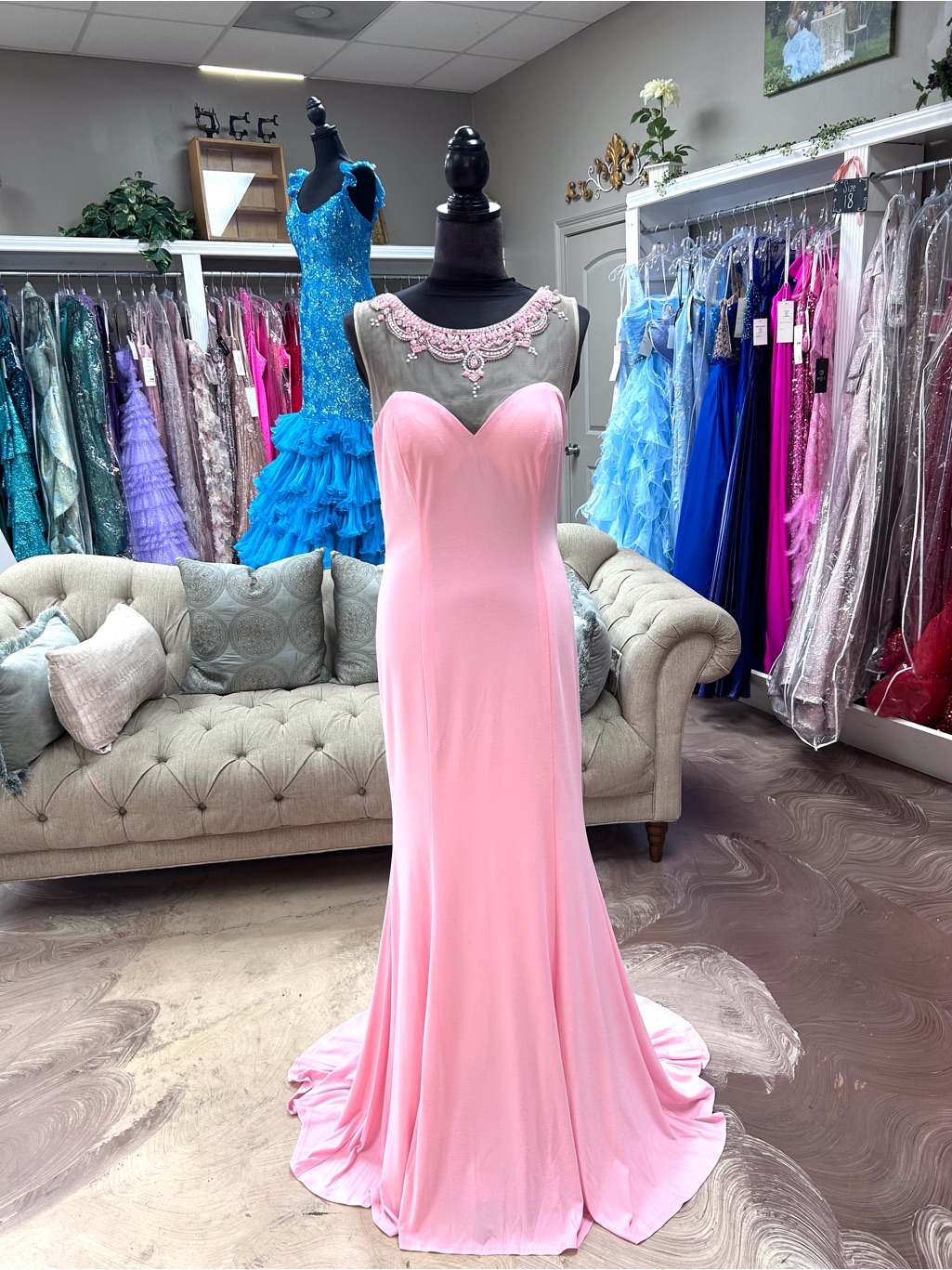 Sleeveless Pink Embellished Neckline Maxi Dress
